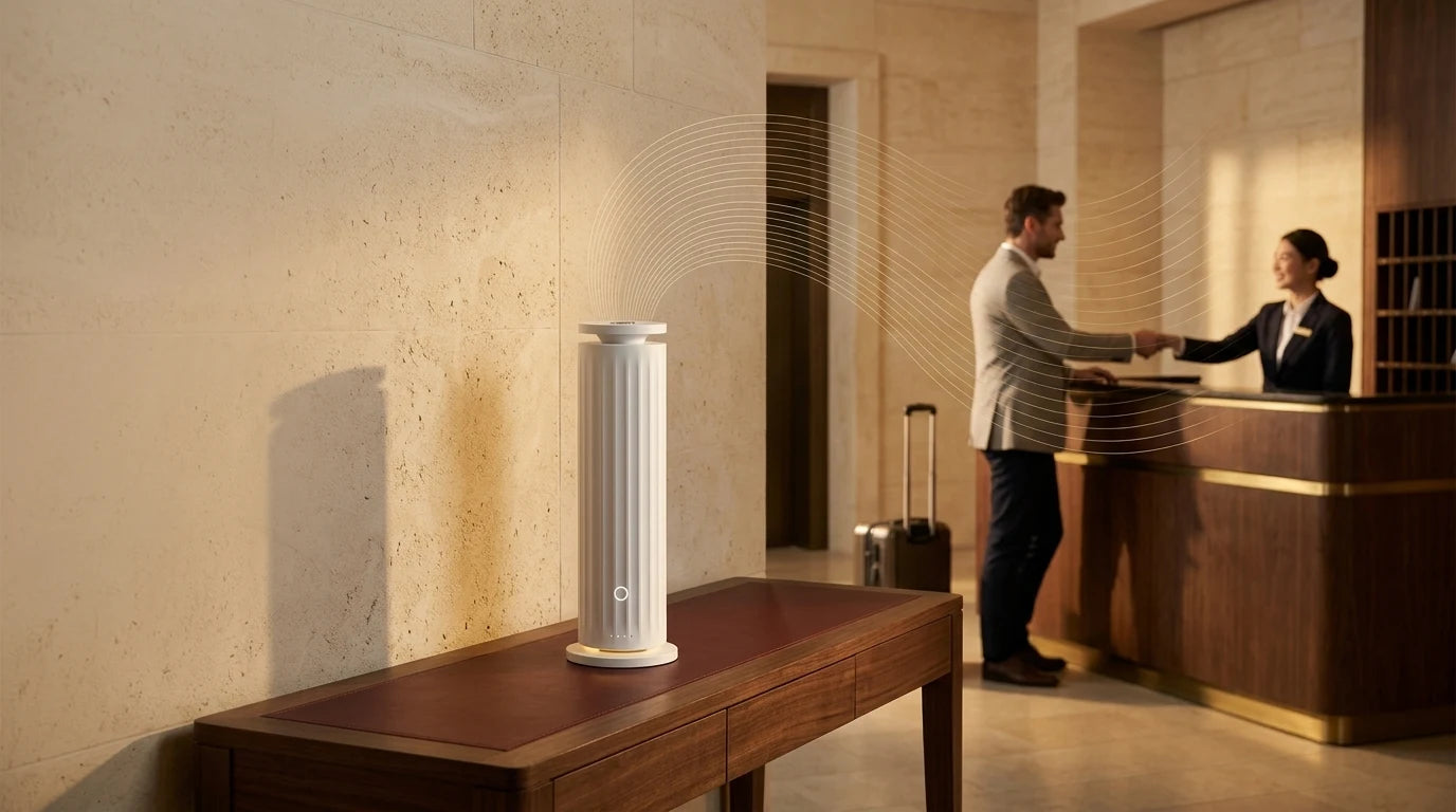 Hotel guest welcomed at reception with Tower Pro upright on a nearby walnut console