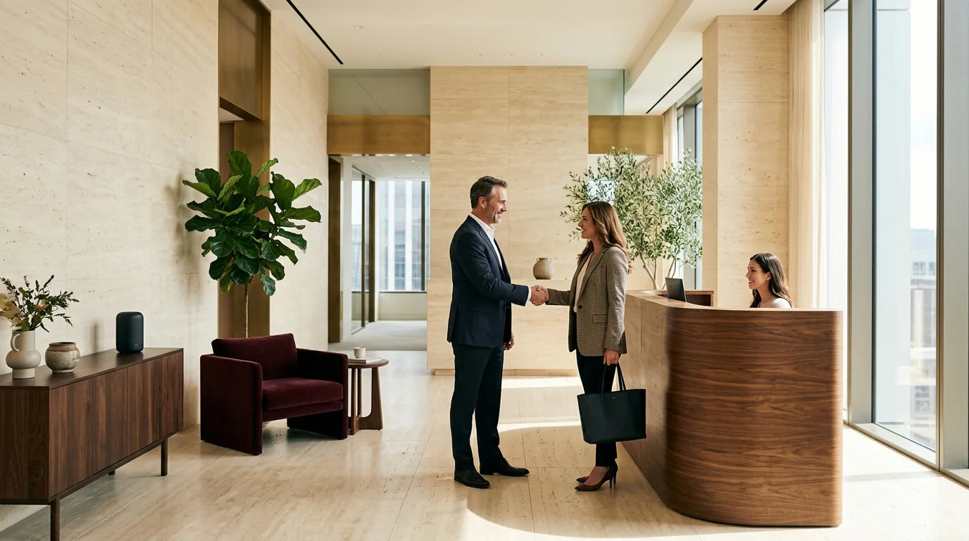 Business visitor being welcomed in a refined office reception with a discreet waterless diffuser