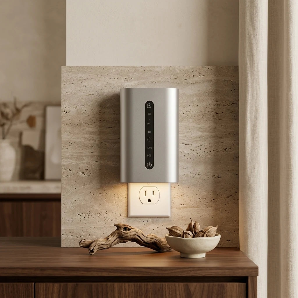 Luxury Aluminum Plug-In installed in a business reception wall outlet without visible vapor