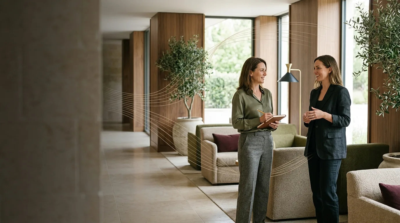 Business owner and designer planning the atmosphere of a refined customer arrival space