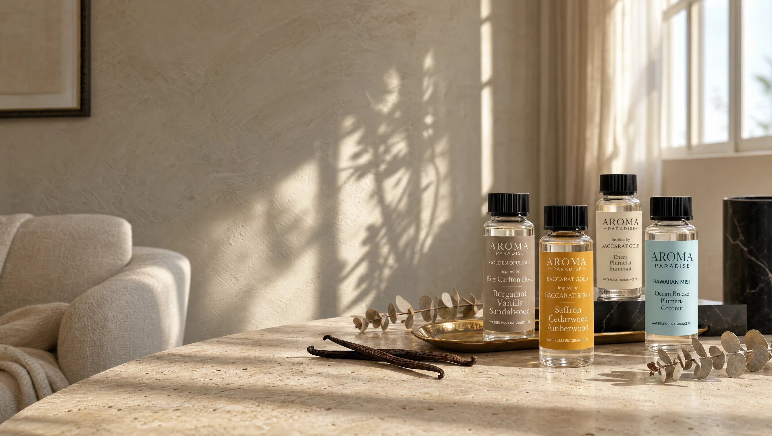 Four Aroma Paradise waterless fragrance oils arranged in a sunlit quiet-luxury living room