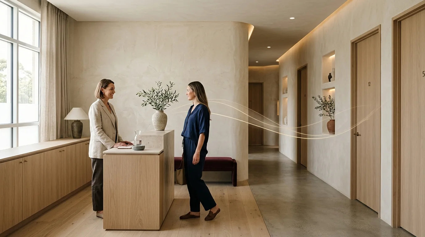 Spa director welcoming a guest in a calm reception leading to treatment rooms
