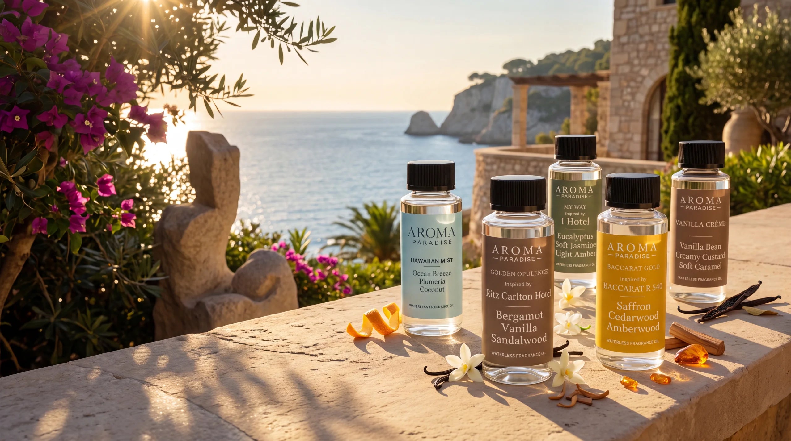 Five Aroma Paradise fragrance oils on an outdoor Mediterranean terrace overlooking the sea