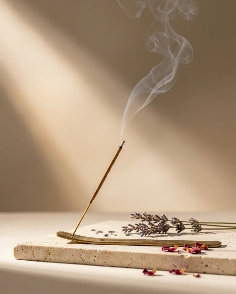 Lit incense stick with a soft ribbon of smoke on cream travertine