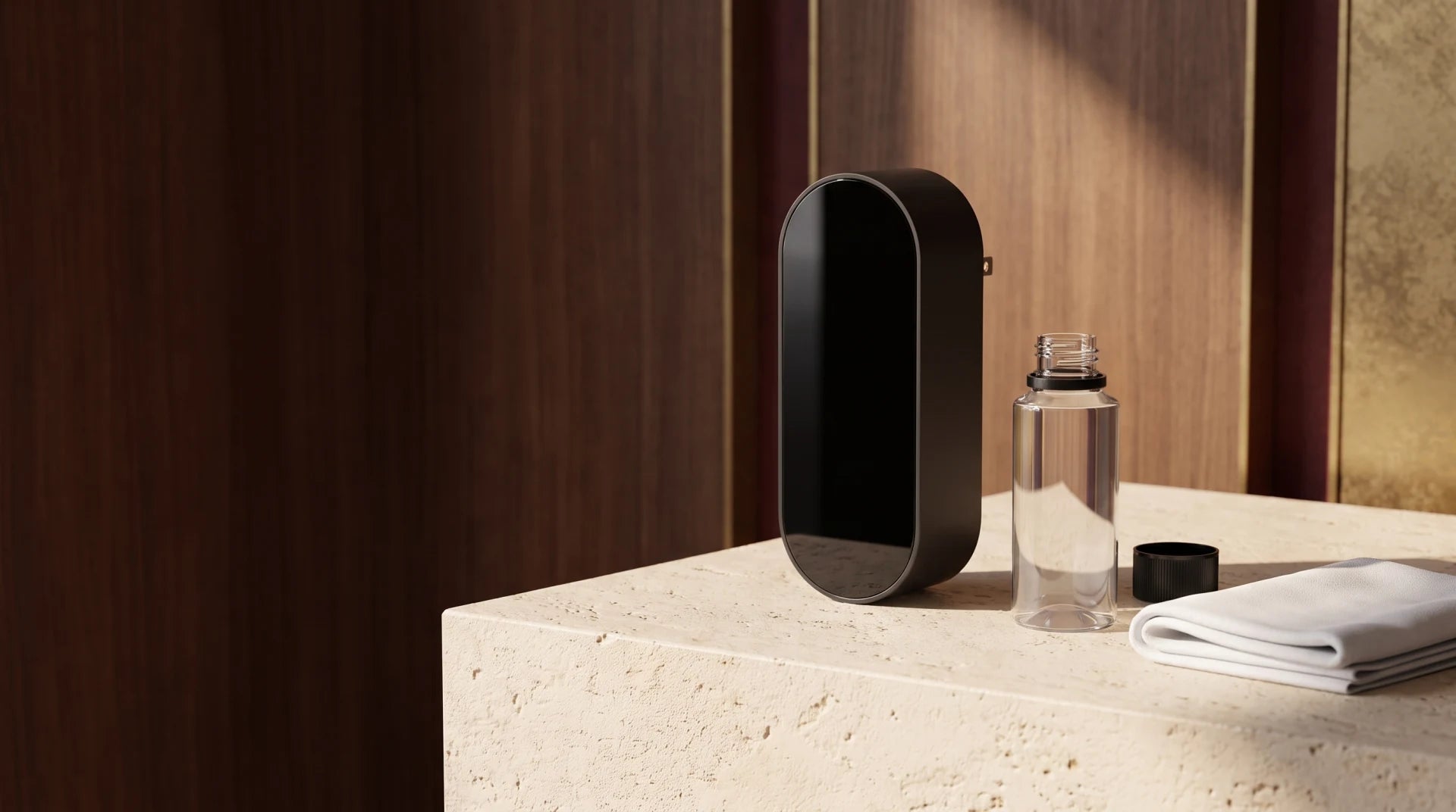 Black plug-in waterless diffuser beside a separate refill bottle and microfiber cloth
