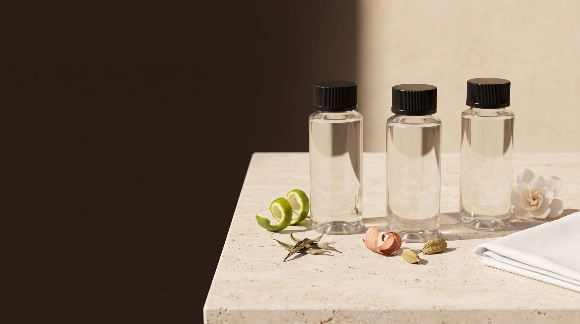 Three clear fragrance oil bottles with citrus, woods and floral scent cues