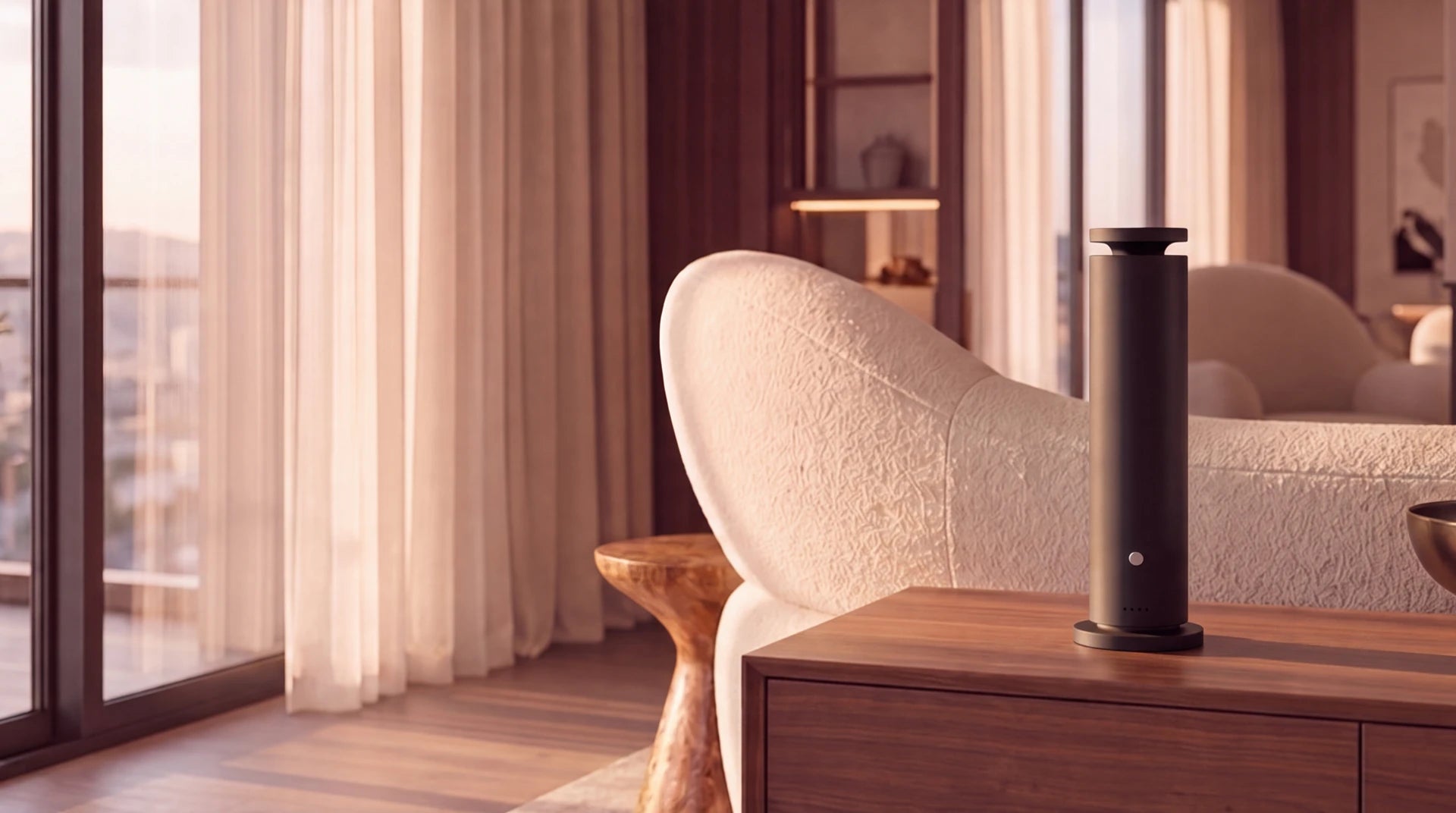 Black Tower Ultra waterless diffuser on a walnut console in a warm living room