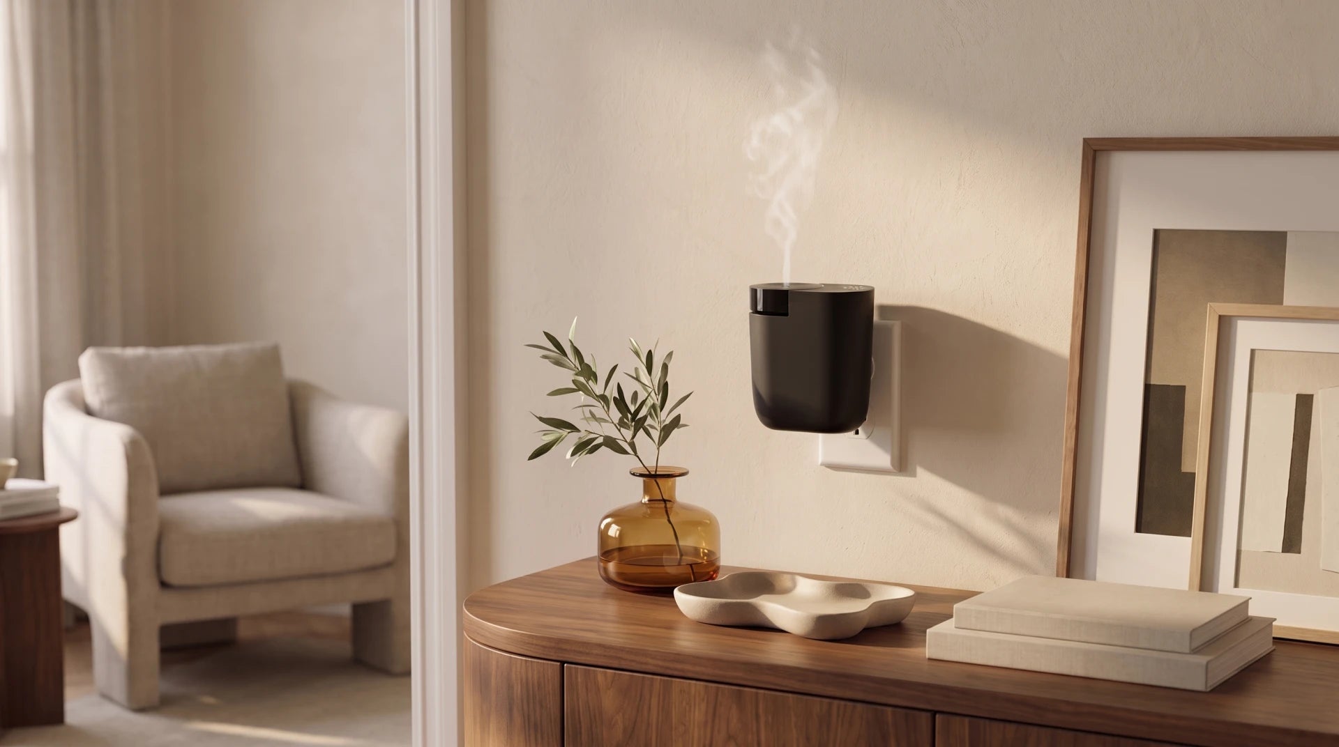 Black Contour Smart Plug-In waterless diffuser in a clean cream and walnut interior after smoke odor removal