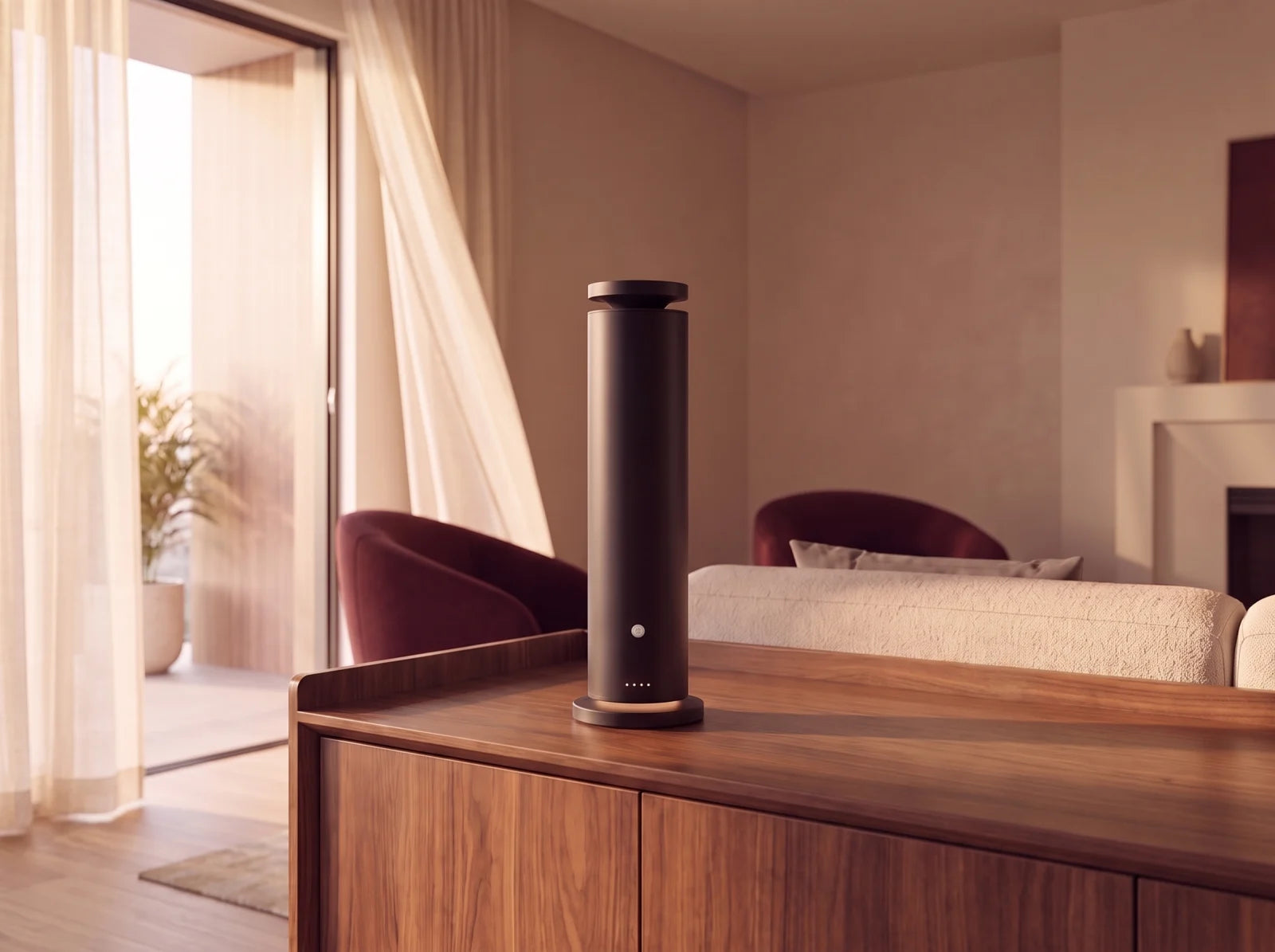 Black waterless diffuser placed unobstructed beside an open doorway