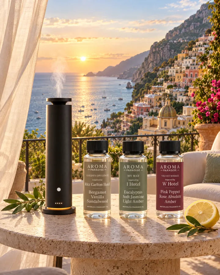 Aroma Paradise Tower Ultra waterless diffuser with Golden Opulence, Silken Drift and Velvet Mirage fragrance oils on travertine