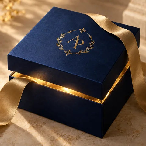 Una caja de regalo sorpresa dorada de Aroma Paradise