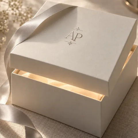 Una caja de regalo sorpresa plateada de Aroma Paradise