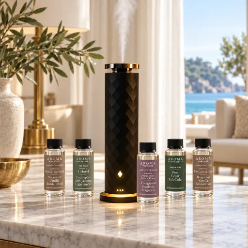 Soft Illumination Tower in Black with five 120ml waterless scents
