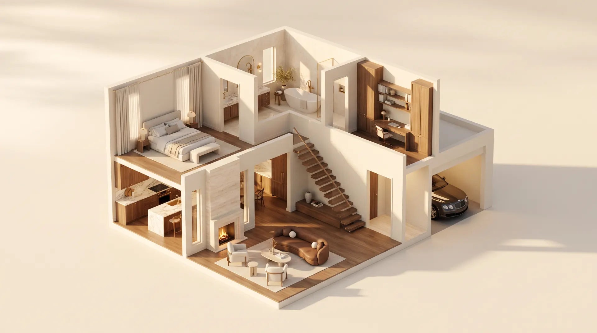 A two-story home in warm daylight with every room visible