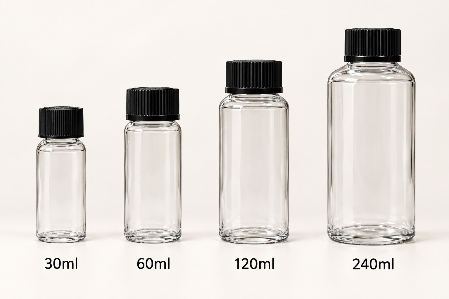 Illustrated clear bottles in increasing size: 30ml, 60ml, 120ml, and 240ml.
