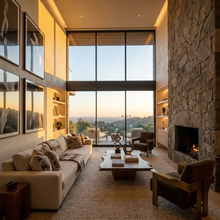 Cozy living room at dusk with warm lamplight and candles